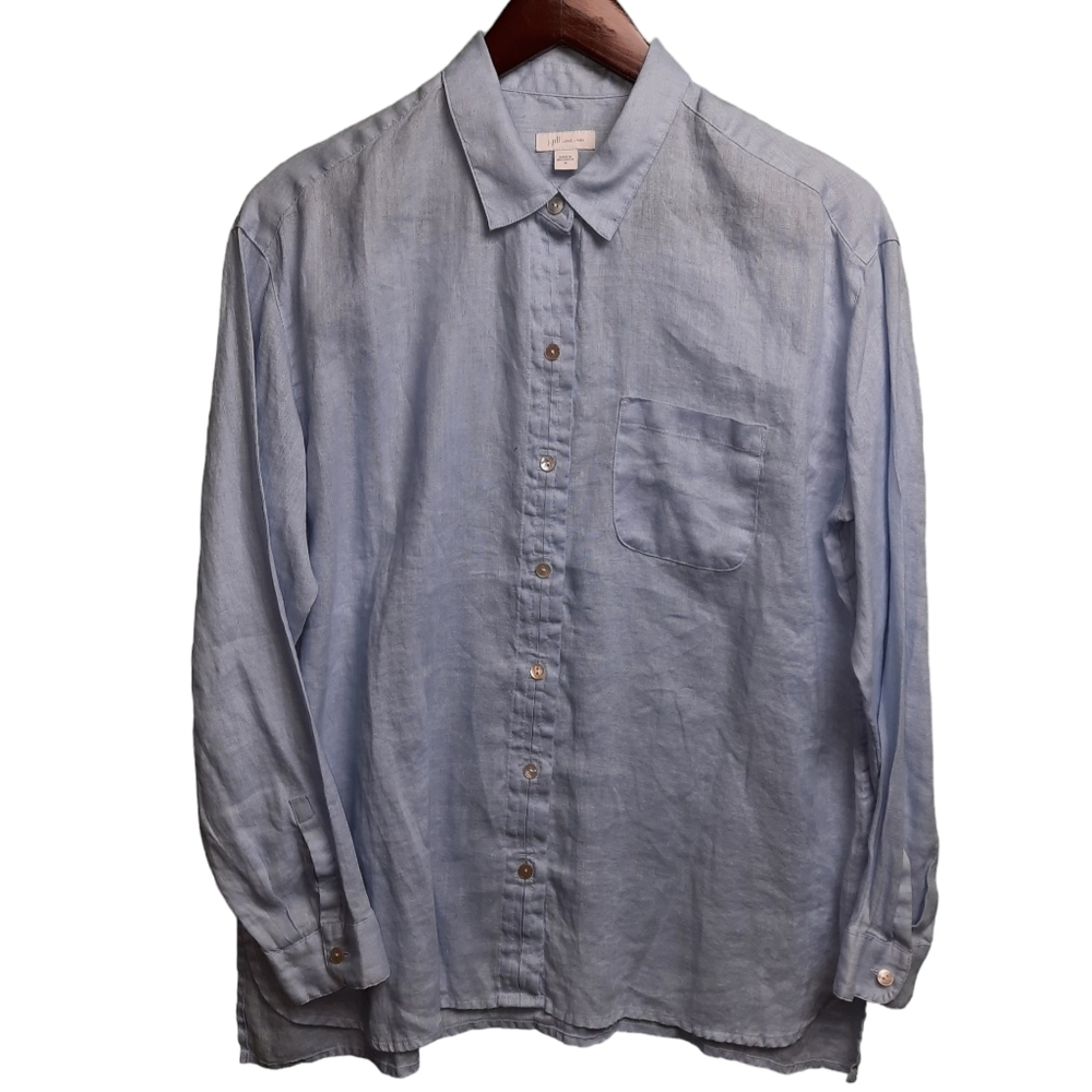 J Jill Love Linen Blue Relaxed Button Down Tunic SZ M